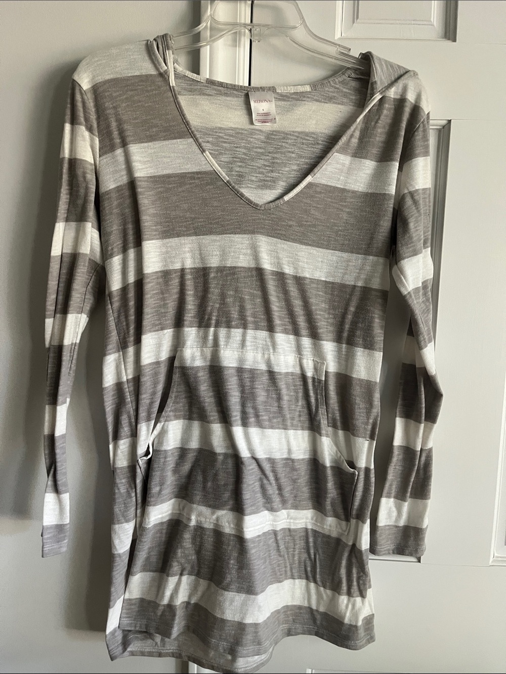 Merona Gray and White Striped Hooded Swim Coverup